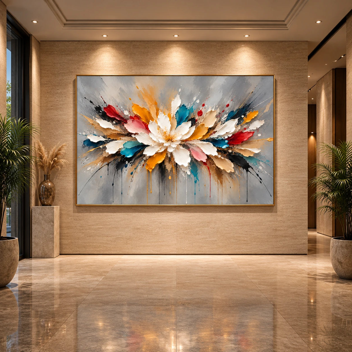 Chromatic Petals artwork displayed on a large illuminated lobby wall.