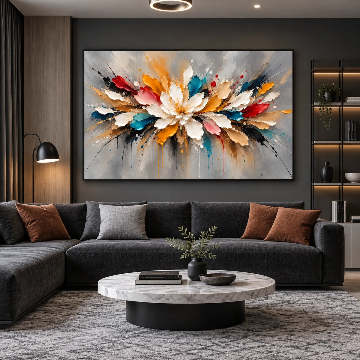 Chromatic Petals artwork displayed above a charcoal sofa and round coffee table.