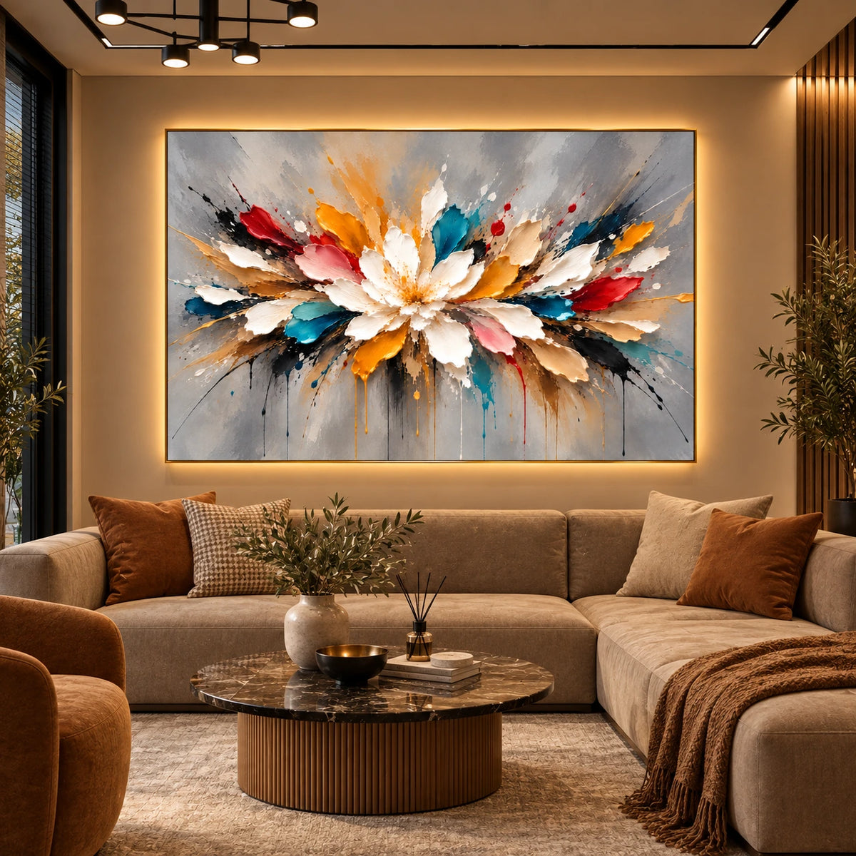 Chromatic Petals artwork displayed above a curved sofa in a warm sitting room.
