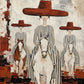 Crimson Riders full artwork. Three riders in striped garments and broad rust-red hats advance on pale horses.