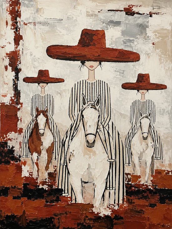 Crimson Riders full artwork. Three riders in striped garments and broad rust-red hats advance on pale horses.