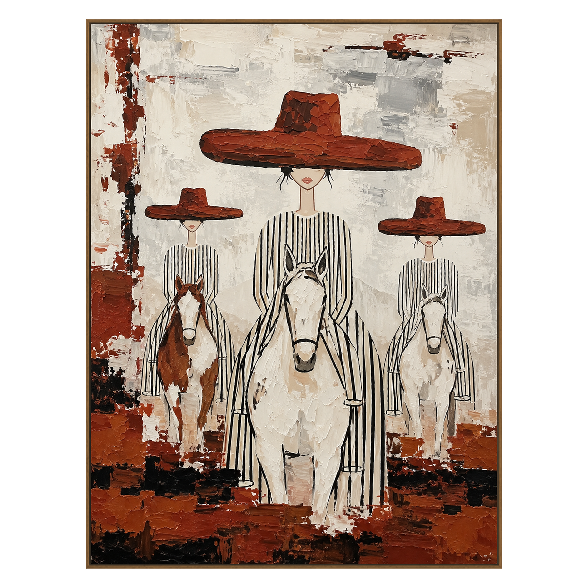 Crimson Riders vertical artwork in a natural wood frame on a transparent background.