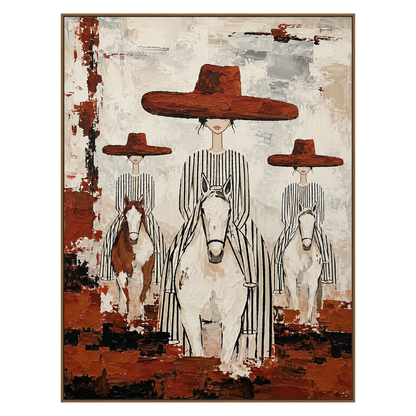 Crimson Riders vertical artwork in a natural wood frame on a transparent background.