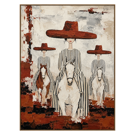 Crimson Riders vertical artwork in a natural wood frame on a transparent background.