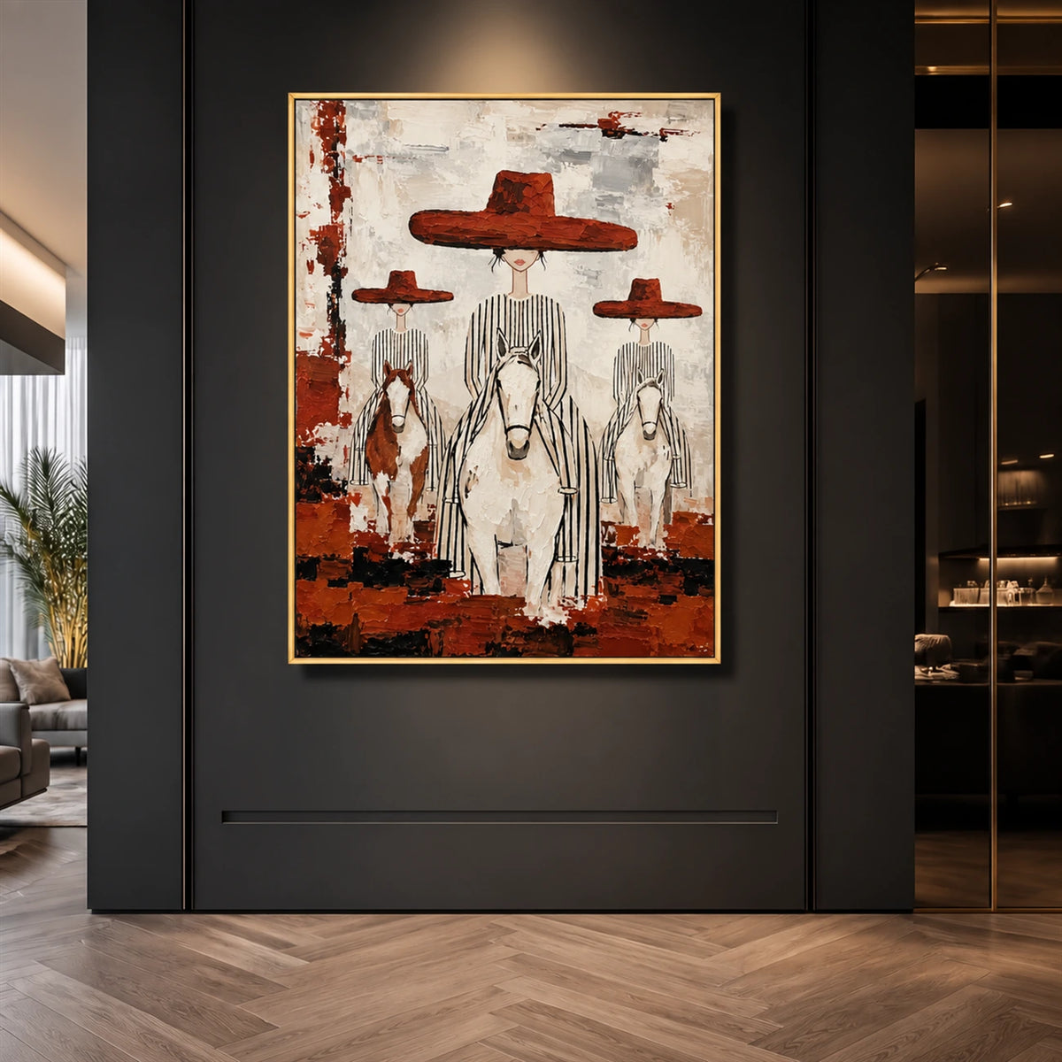 Crimson Riders artwork displayed above a dark console beneath pendant lights.