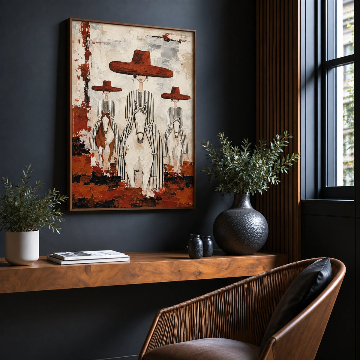 Crimson Riders artwork displayed above a desk beside a tall window.