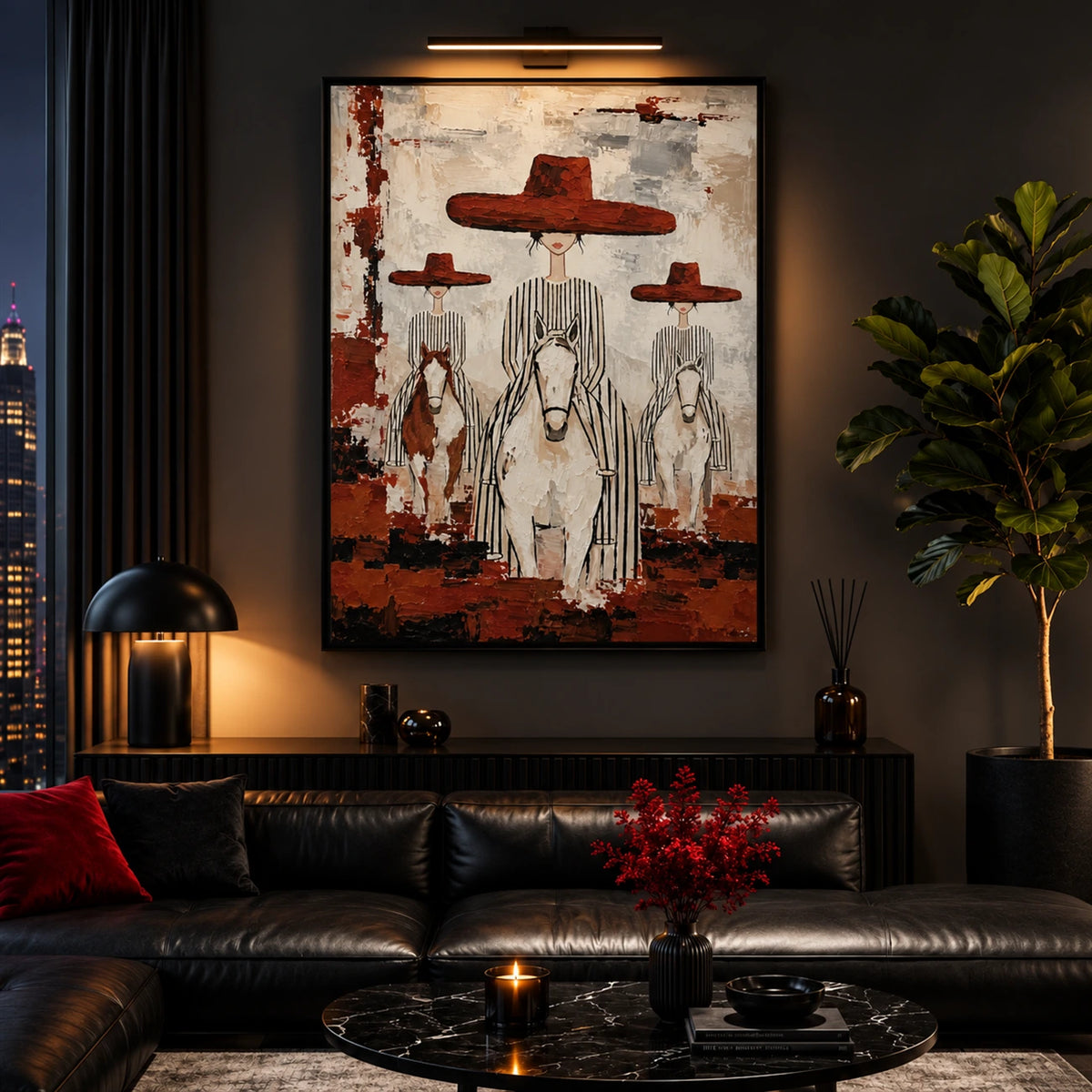 Crimson Riders artwork displayed above a dark leather sofa.