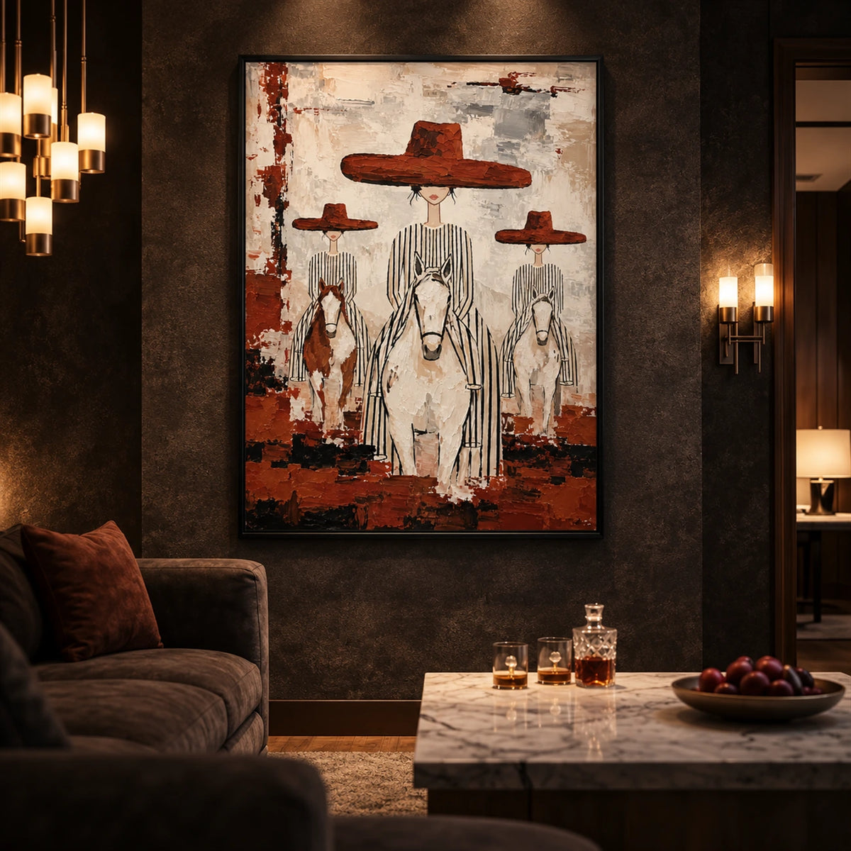 Crimson Riders artwork displayed above low seating in a warmly lit lounge.