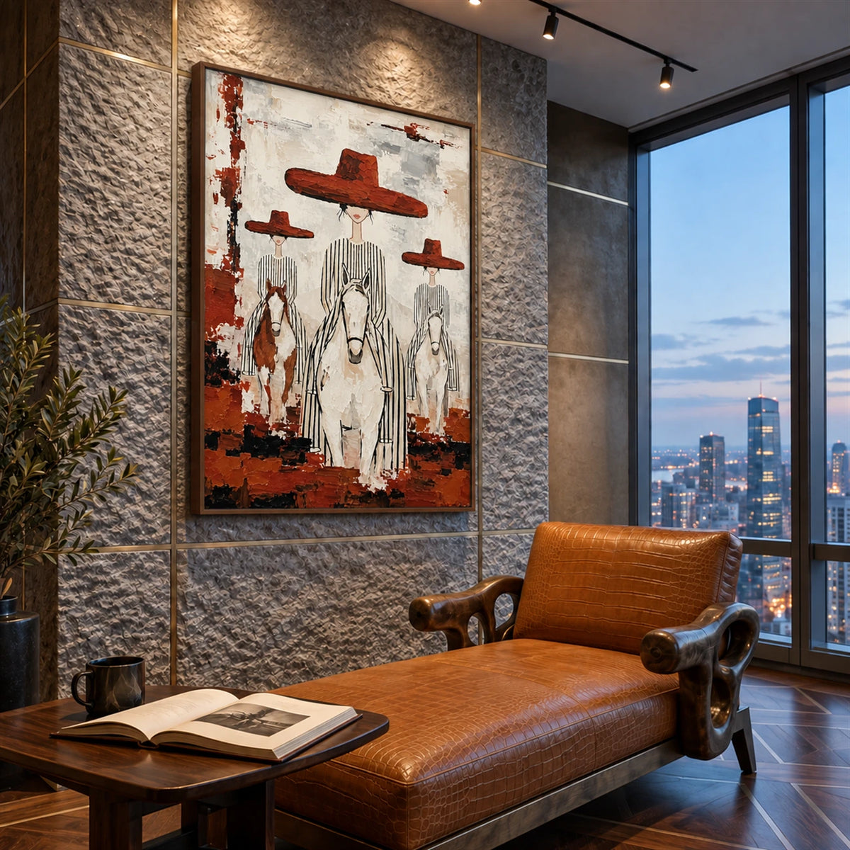Crimson Riders artwork displayed beside a leather chaise and city windows.