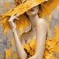 Golden Veil full artwork. A woman lifts the brim of an oversized golden hat that casts a shadow across her face.