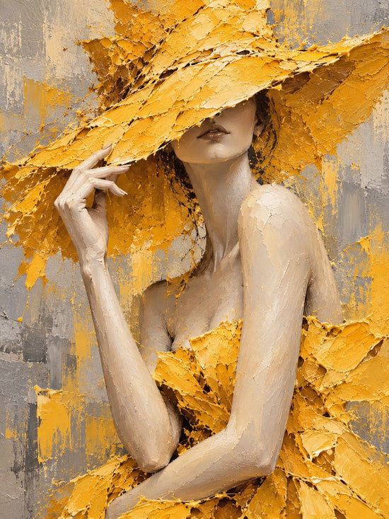 Golden Veil full artwork. A woman lifts the brim of an oversized golden hat that casts a shadow across her face.