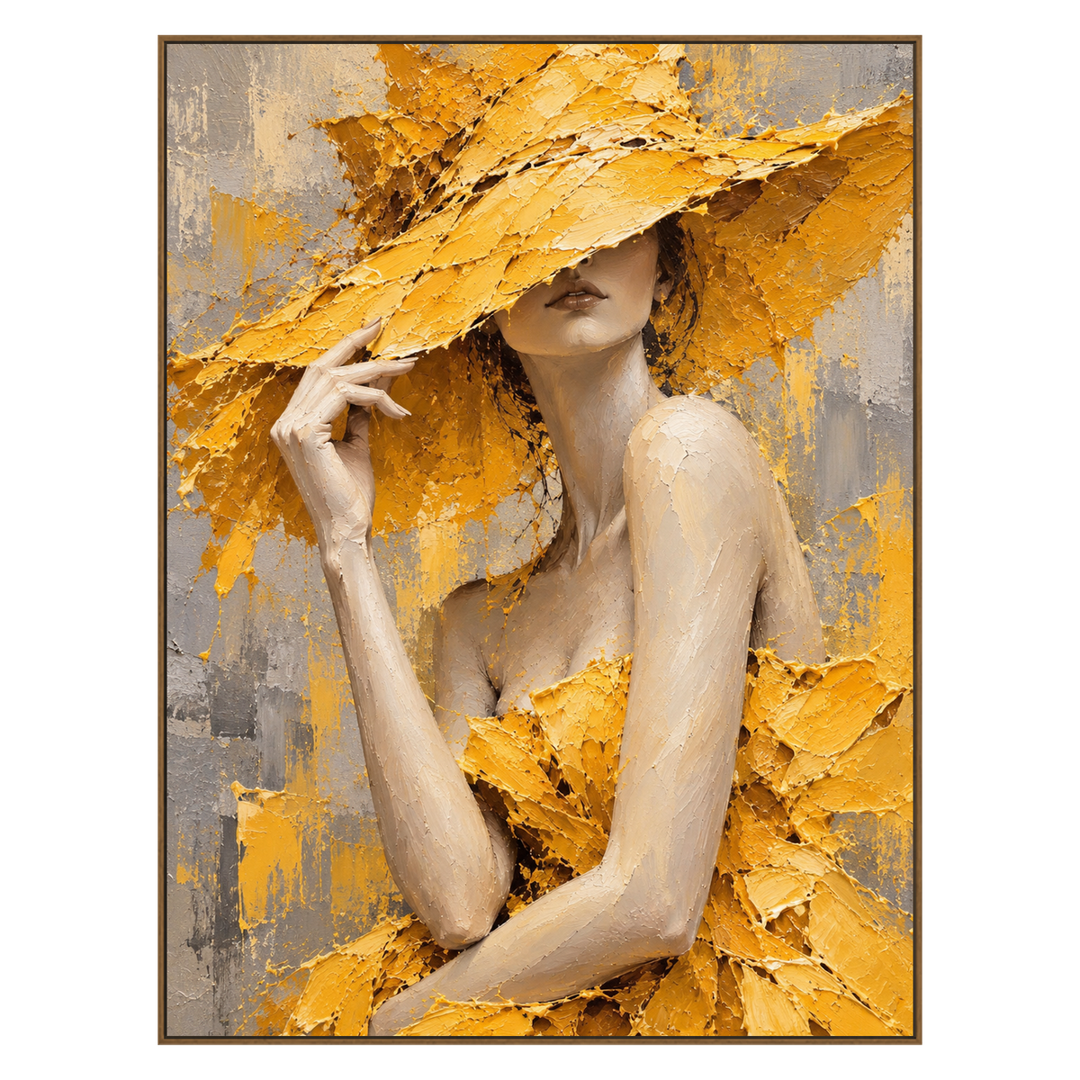 Golden Veil vertical artwork in a natural wood frame on a transparent background.