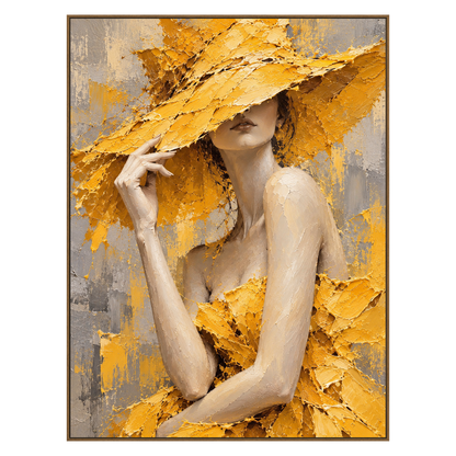 Golden Veil vertical artwork in a natural wood frame on a transparent background.
