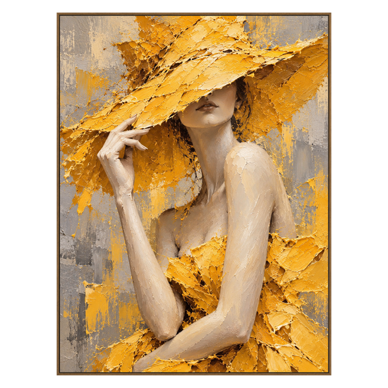 Golden Veil vertical artwork in a natural wood frame on a transparent background.