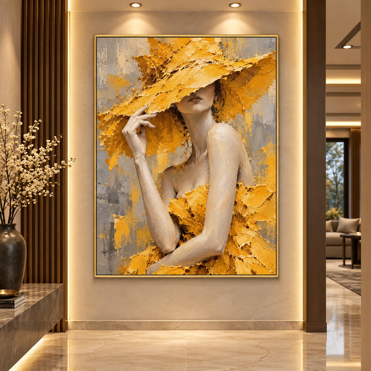 Golden Veil artwork displayed on a tall wall in a warm lobby.