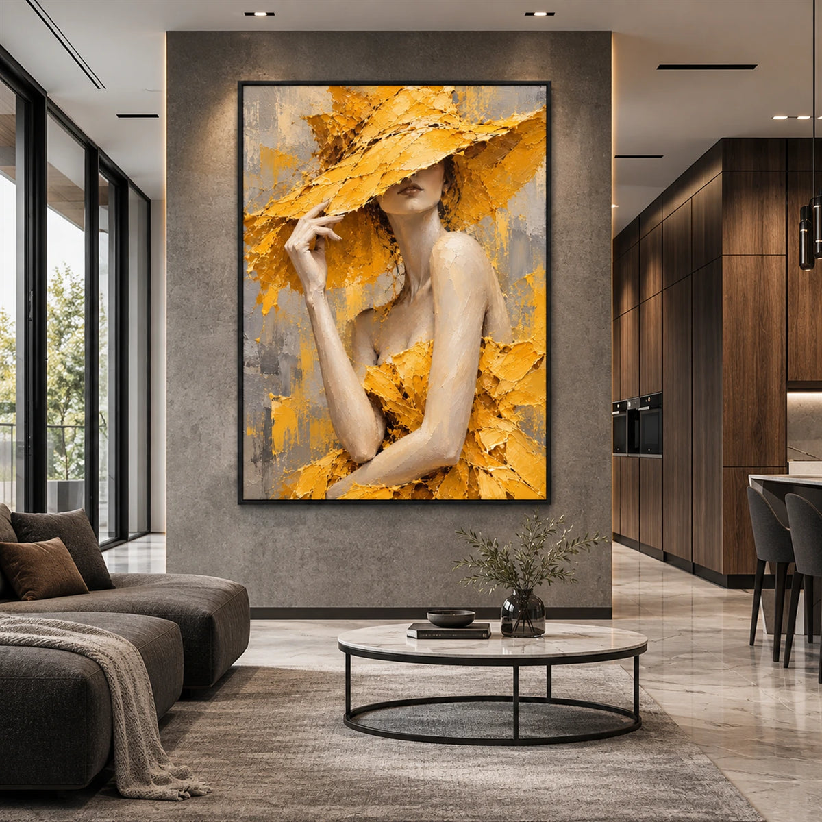 Golden Veil artwork displayed above a stone coffee table beside a sofa.