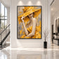 Golden Veil artwork displayed on a bright marble-lined entrance wall.