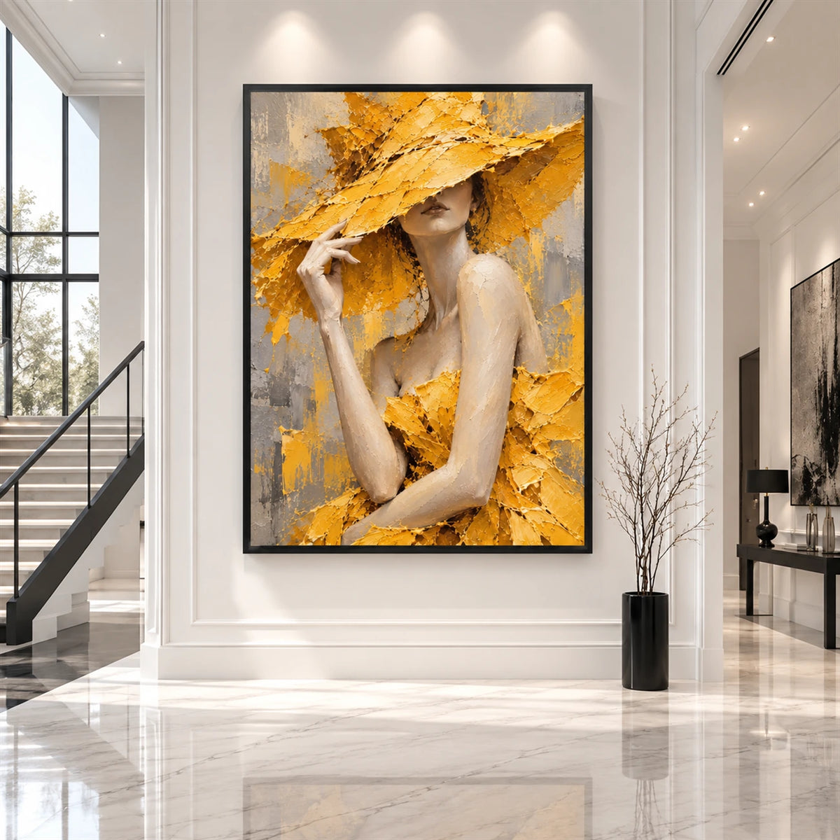 Golden Veil artwork displayed on a bright marble-lined entrance wall.