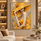 Golden Veil artwork displayed above a pale sofa and wooden side table.