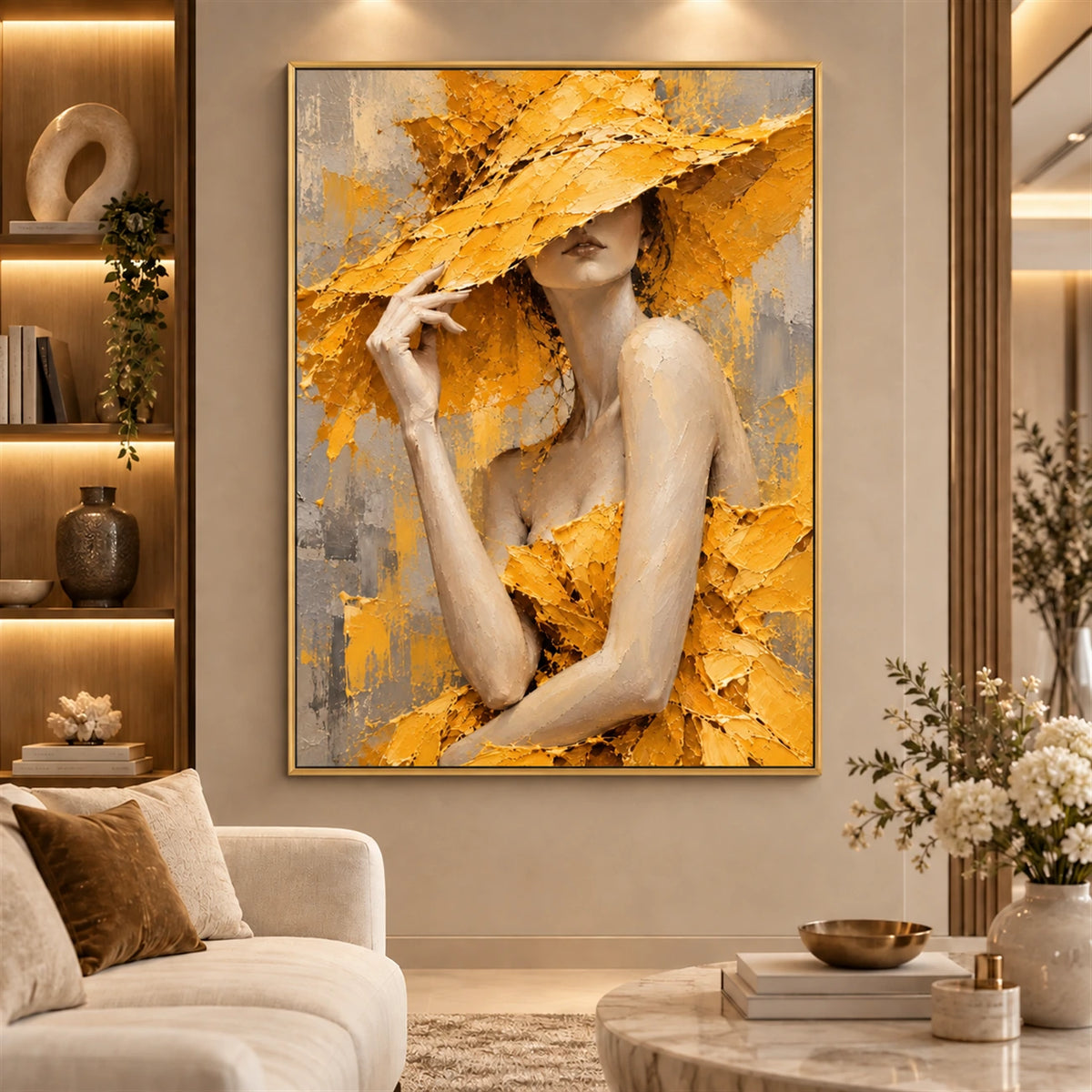 Golden Veil artwork displayed above a pale sofa and wooden side table.