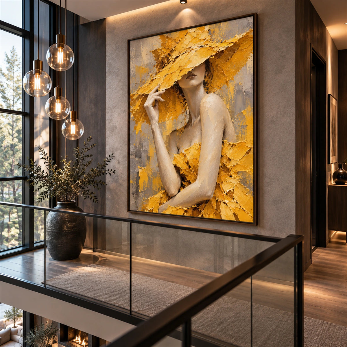 Golden Veil artwork displayed beside a staircase beneath hanging lights.