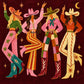 Cowgirl Revelry full artwork. Four cowgirls strike playful poses beneath golden stars and a crescent moon.