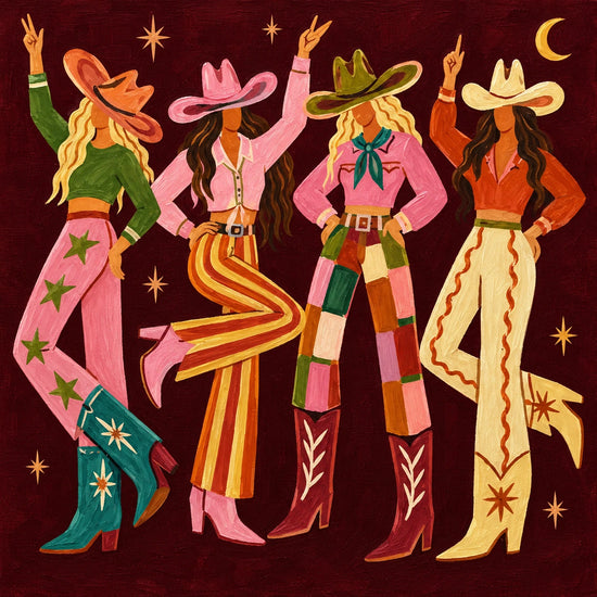 Cowgirl Revelry full artwork. Four cowgirls strike playful poses beneath golden stars and a crescent moon.