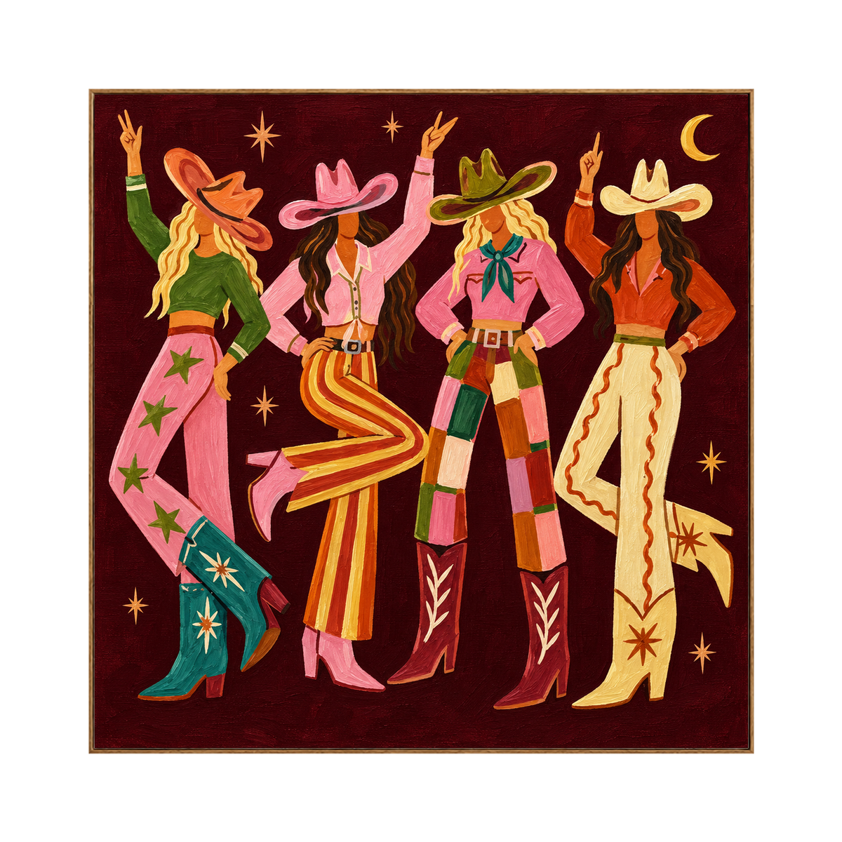 Cowgirl Revelry artwork in a natural wood frame on a transparent background.