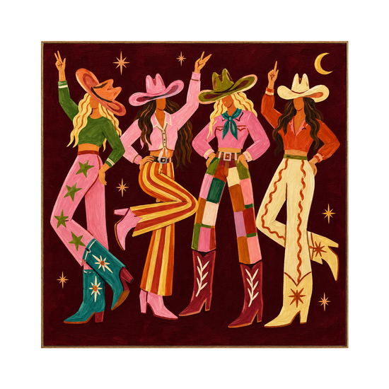 Cowgirl Revelry artwork in a natural wood frame on a transparent background.