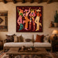 Cowgirl Revelry artwork displayed above a cream sofa beneath exposed wooden ceiling beams.