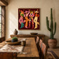 Cowgirl Revelry artwork displayed above a wooden console behind a rustic dining table.