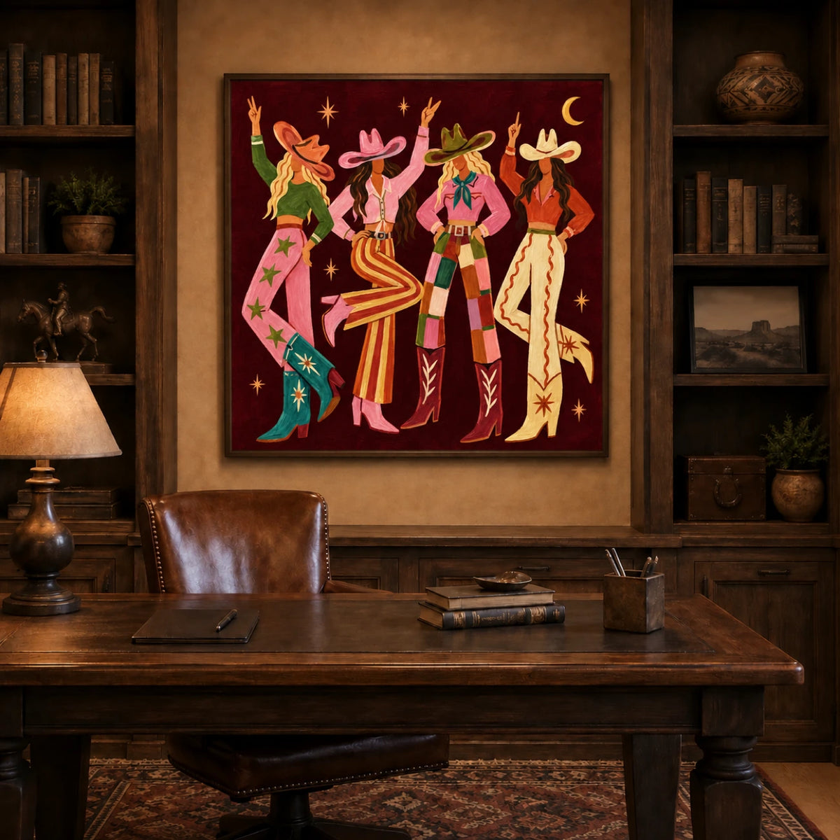 Cowgirl Revelry artwork displayed above a wooden desk between dark bookshelves.