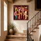 Cowgirl Revelry artwork displayed above a stone console beside a staircase and tall window.