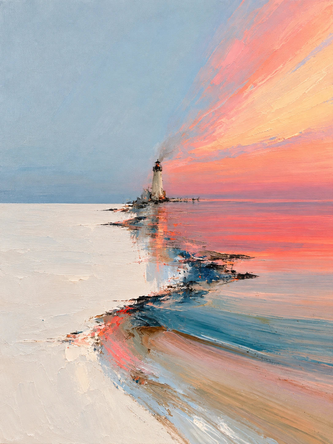 Coral Beacon full artwork. A solitary lighthouse rises where a pale shoreline meets calm blue water.