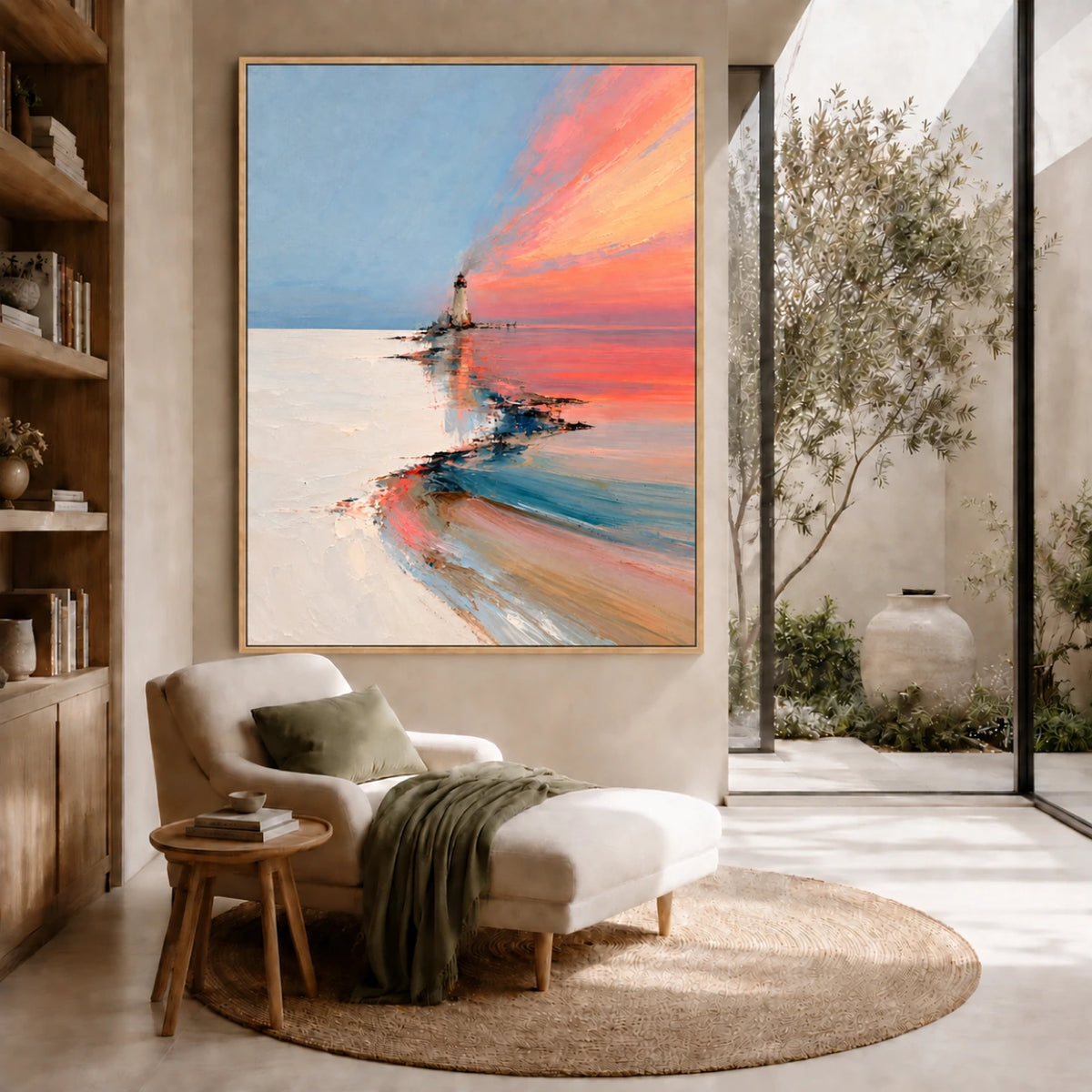 Coral Beacon artwork displayed above a lounge chair and ottoman beside a tall window.