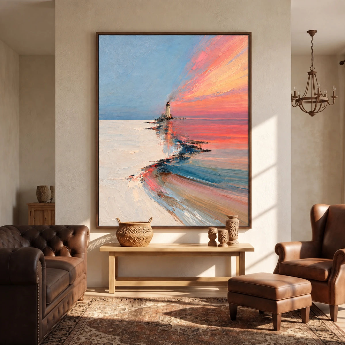 Coral Beacon artwork displayed above a low wooden console between brown leather chairs.
