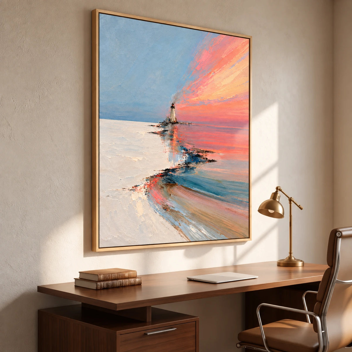 Coral Beacon artwork displayed above a wooden desk beside a bright window.