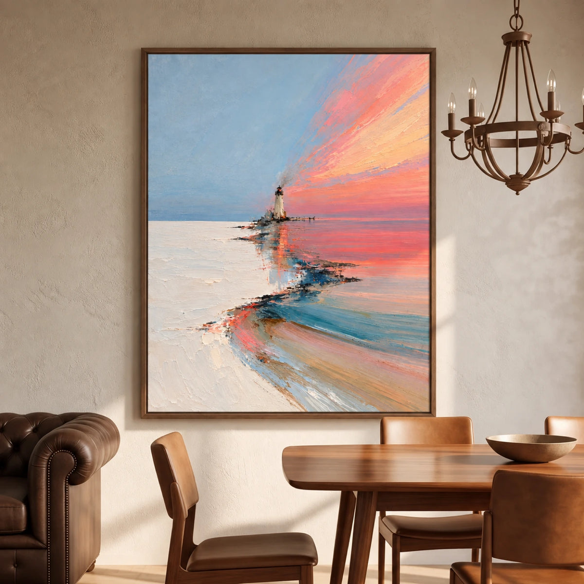 Coral Beacon artwork displayed above a wooden console beside a dining table.