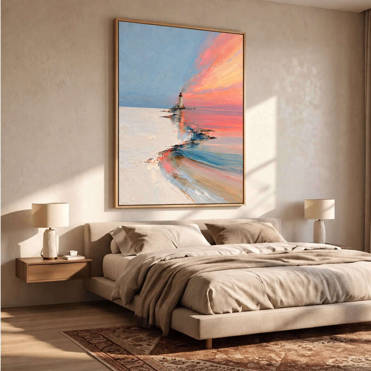 Coral Beacon artwork displayed above a bed with neutral bedding and wooden bedside tables.