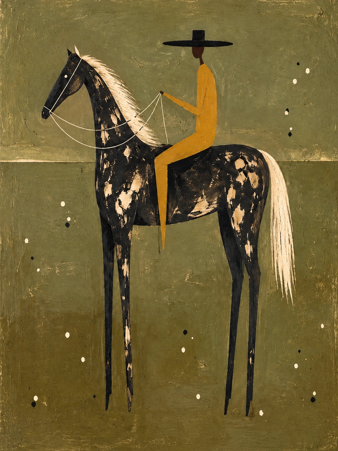 Gilded Sentinel full artwork. A rider in an ochre coat sits upright on a dark, dappled horse against a muted olive ground.