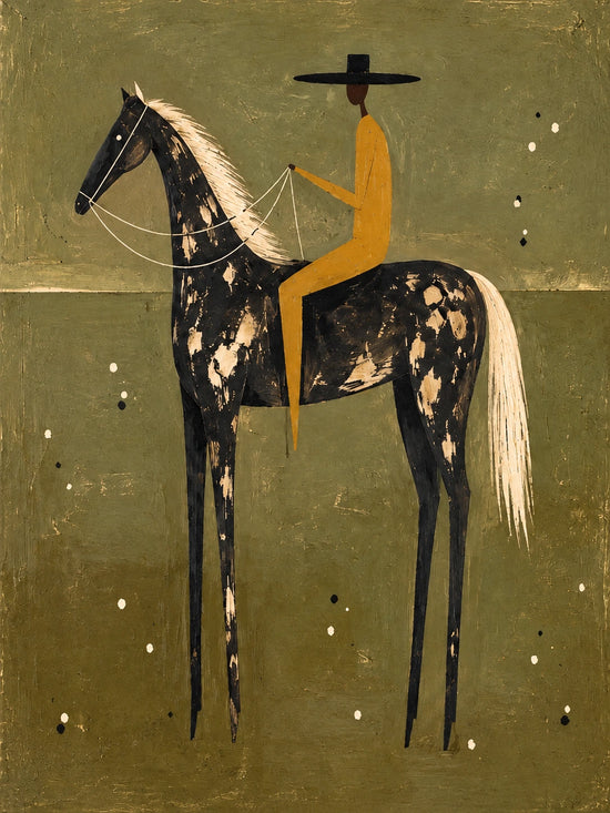 Gilded Sentinel full artwork. A rider in an ochre coat sits upright on a dark, dappled horse against a muted olive ground.