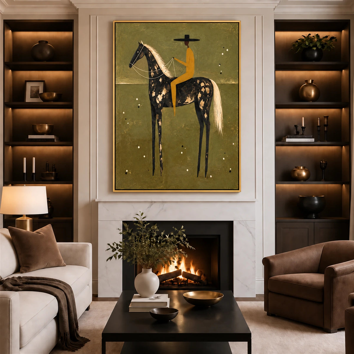 Gilded Sentinel artwork displayed above a fireplace between dark bookshelves.
