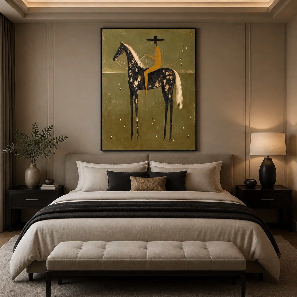 Gilded Sentinel artwork displayed above a bed in a softly lit neutral bedroom.