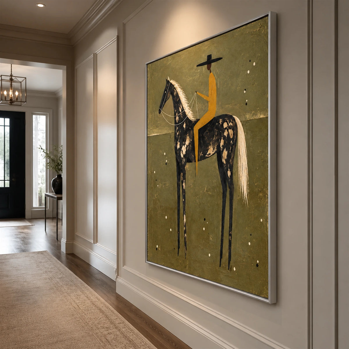 Gilded Sentinel artwork displayed on a tall wall beside a staircase and glass doors.