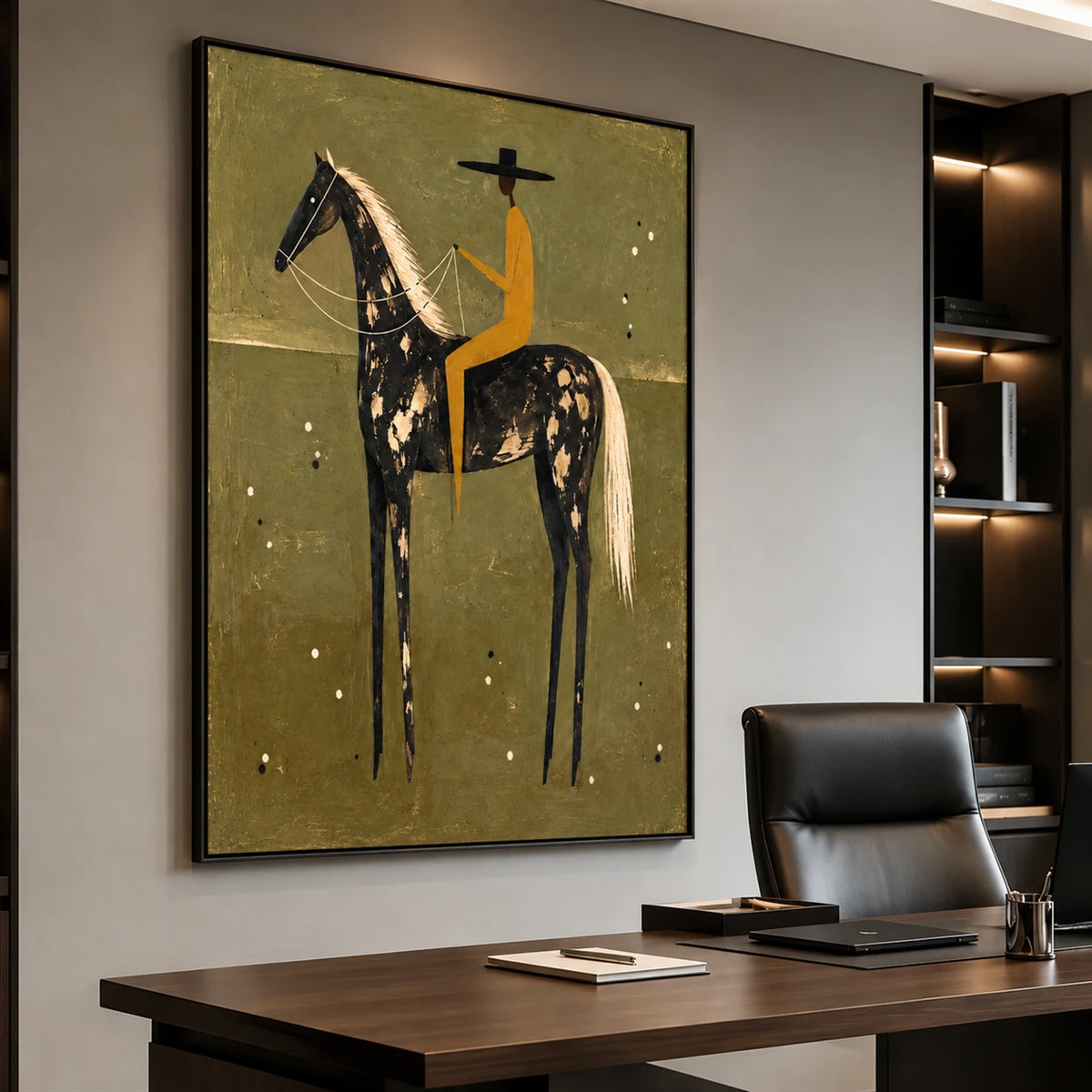 Gilded Sentinel artwork displayed above a desk beside a dark office chair.