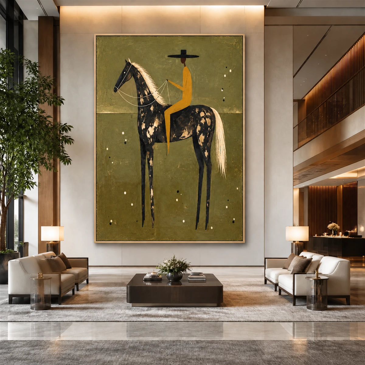 Gilded Sentinel artwork displayed above lounge seating in a bright double-height lobby.