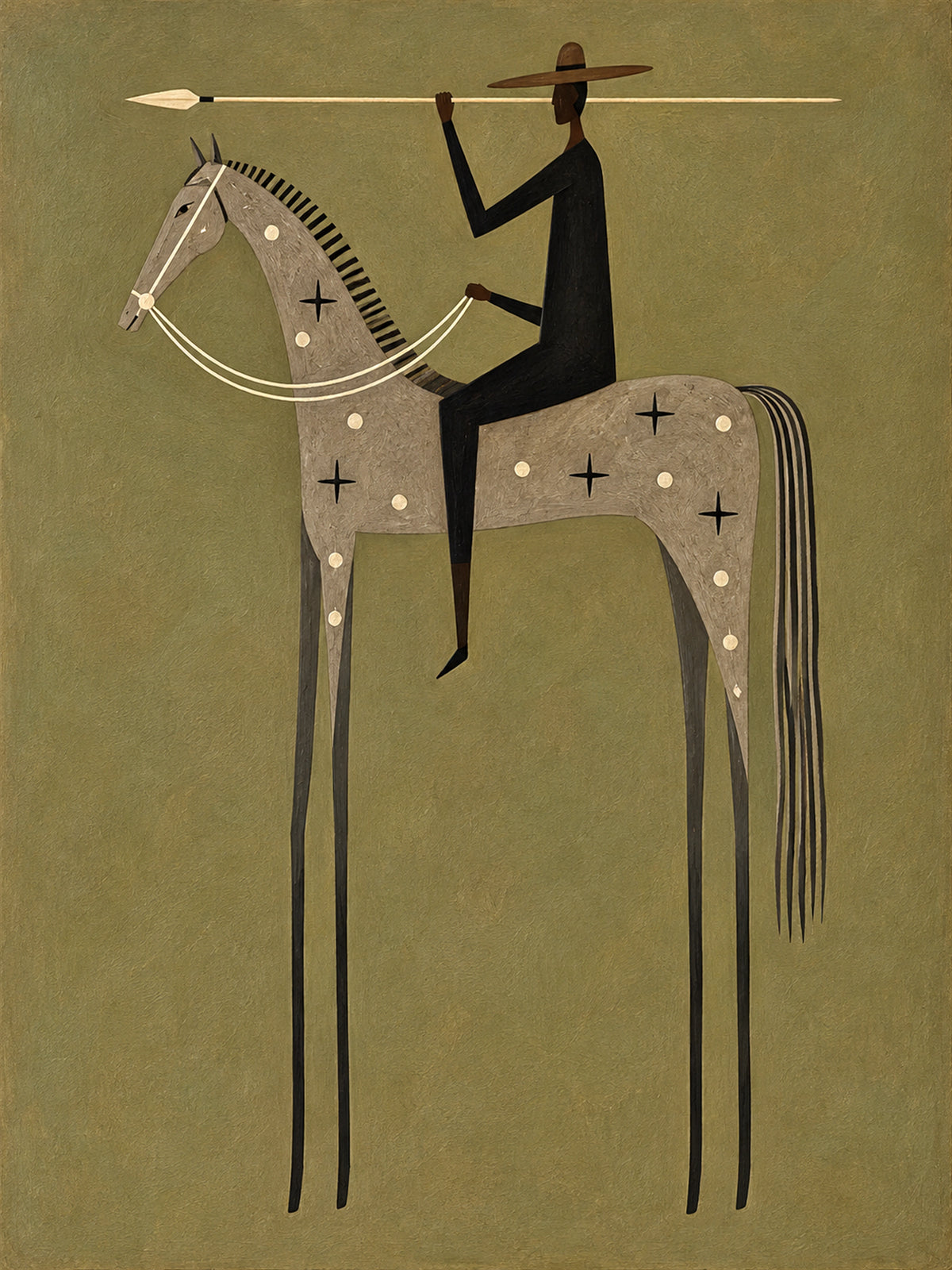 Starbound Rider full artwork. A dark-clad rider holds a long spear above a pale gray horse decorated with small star motifs.