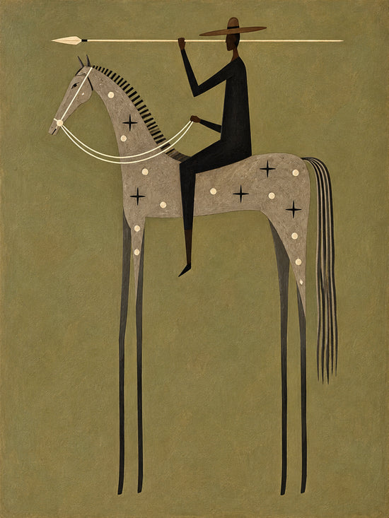 Starbound Rider full artwork. A dark-clad rider holds a long spear above a pale gray horse decorated with small star motifs.