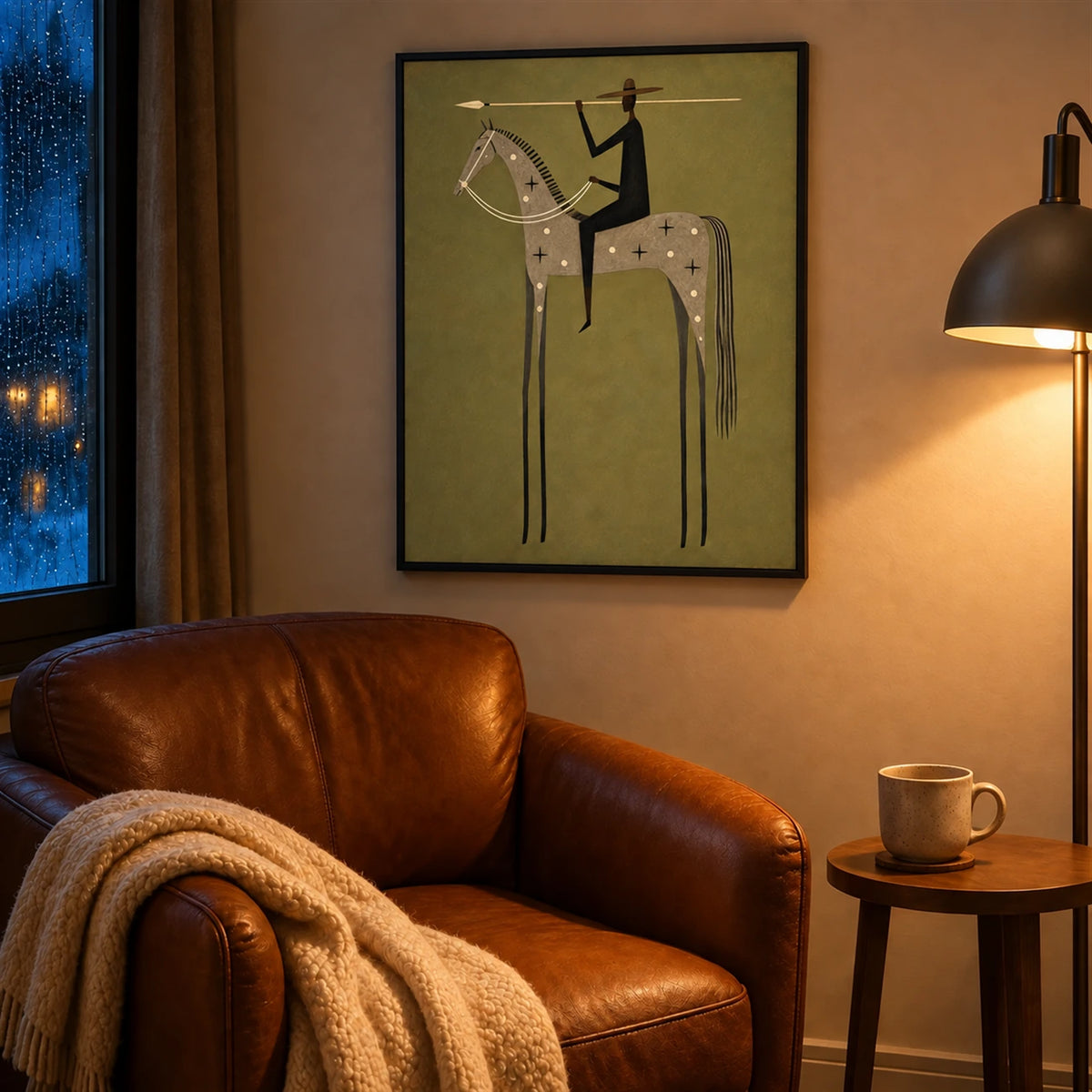 Starbound Rider artwork displayed above a brown leather chair beside a wall lamp.