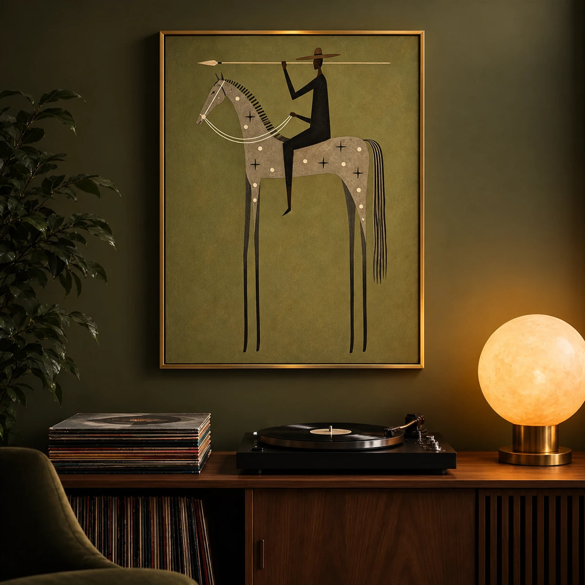 Starbound Rider artwork displayed above a wooden console against an olive wall.